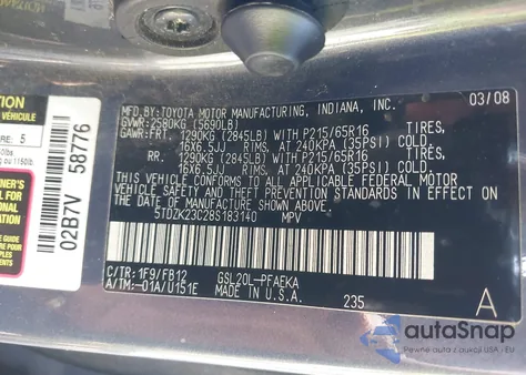 2008 Toyota Sienna Ce from USA, damaged, VIN 5TDZK23C28S183140